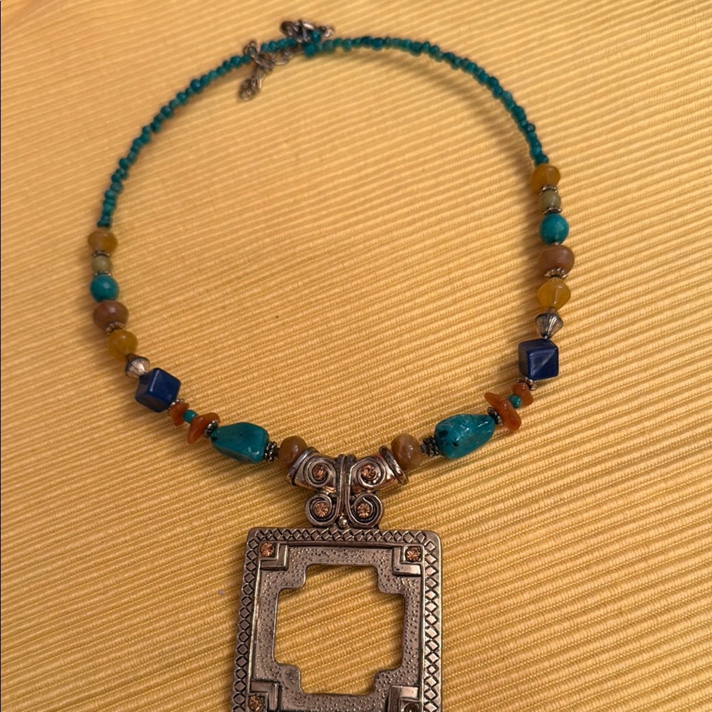 Gold and Blue Necklace with Square Pendant and Beads